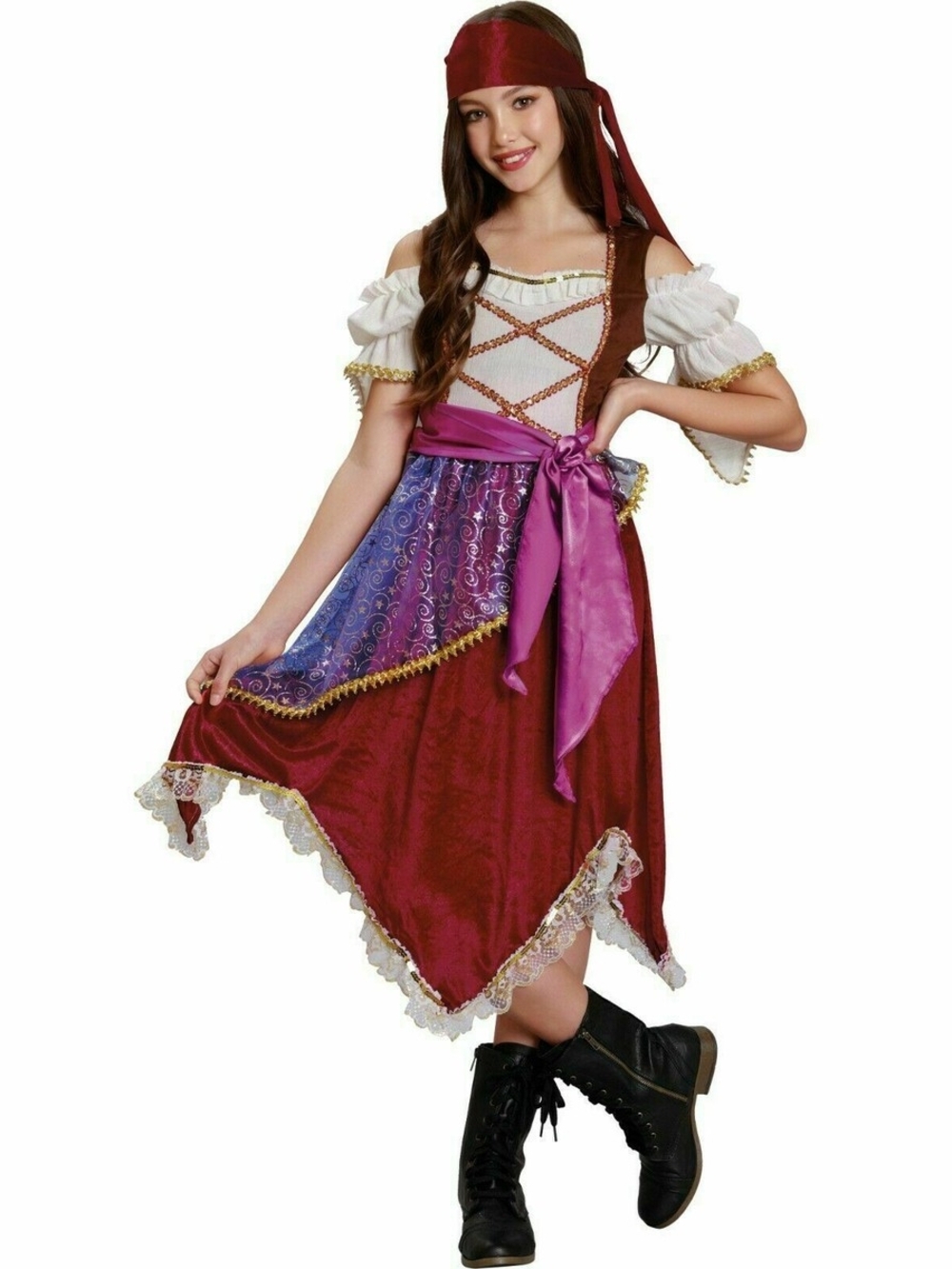 Girls Burgundy Pirate Gypsy Costume with Purple Sash